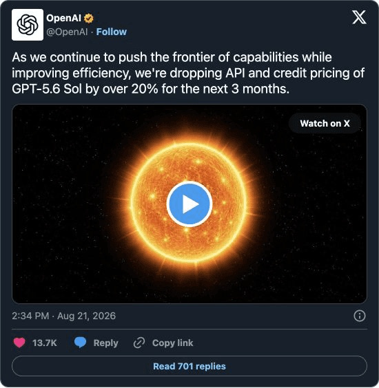 OpenAI pricing announcement, 2026-08-21